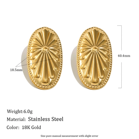 Vintage Oval Schild Ohrstecker 18K Vergoldet Edelstahl Sonnenstrahl Strahlendes Muster Geprägter Schmuck Für Damen