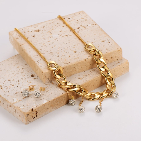 Gioielli Donna Moda Retrò Acciaio Inossidabile Placcato Oro 18K Strass Sfera Nappina Catena Cubana Collana E Orecchini