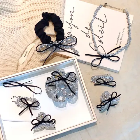 Pince À Cheveux Élégante Avec Perles Argentées Et Noeud En Velours Noir Accessoire De Coiffure Style Coréen