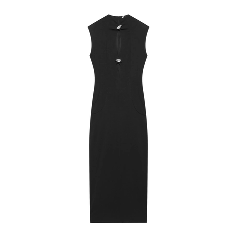 Abito Maxi Bodycon Sexy Senza Maniche Hollow Out Fibbia In Strass Orlo Con Spacco Slim Fit Elegante Tinta Unita