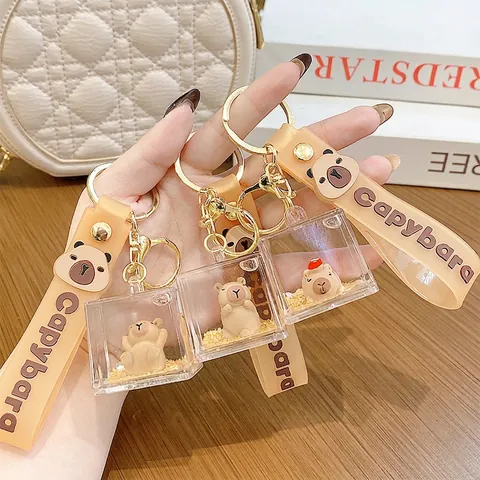 Capybara Liquid Quicksand Keychain Acrylic Moving Glitter Bag Charm Pendant With Silicone Wrist Strap Cute Cartoon Gift