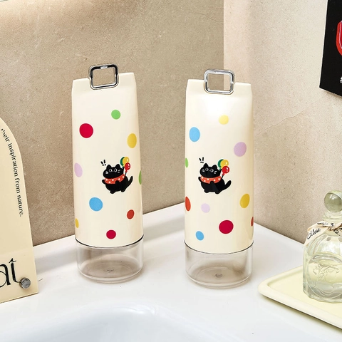 Astuccio Portaspazzolino Portatile Organizzatore Da Viaggio In Plastica A Pois Gatto Nero Con Maniglia In Metallo