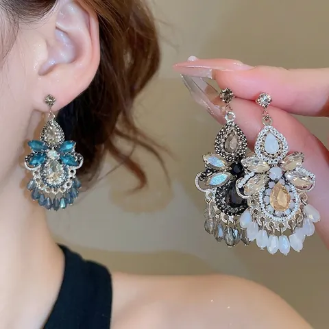 Orecchini Pendenti Boho Con Nappine E Perno In Argento Etnico Lusso Strass Cristallo Gioielli Per Donna