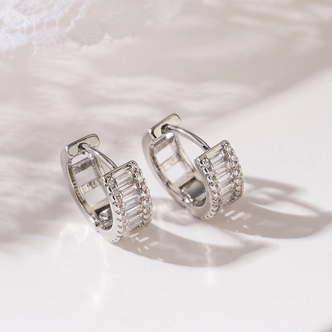 Huggie Hoop Earrings Copper Gold Plated Baguette Cut Cubic Zirconia Micro Pave Minimalist Luxury For Women