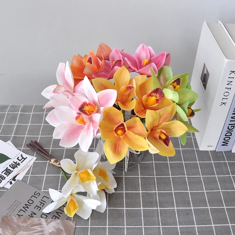 Künstliche Cymbidium Orchideen Blumen Real Touch Satin Kunststoff 3D Druck Strauß Für Haus Hochzeit Desktop Dekoration