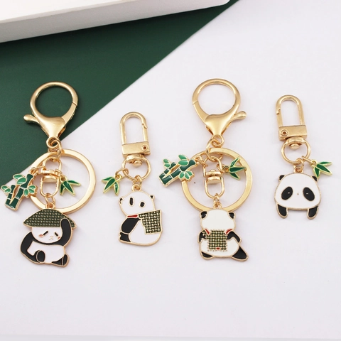Cute Giant Panda Bamboo Keychain Zinc Alloy Enamel Bag Pendant Accessory Chinese Style For Couples Friends Gold Metal