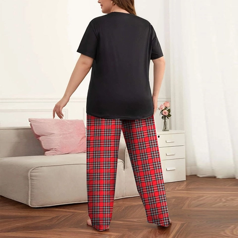 Women Plus Size Pajamas Short Sleeve Cartoon Bear Print Top And Plaid Long Pants Loungewear Polyester Elastane
