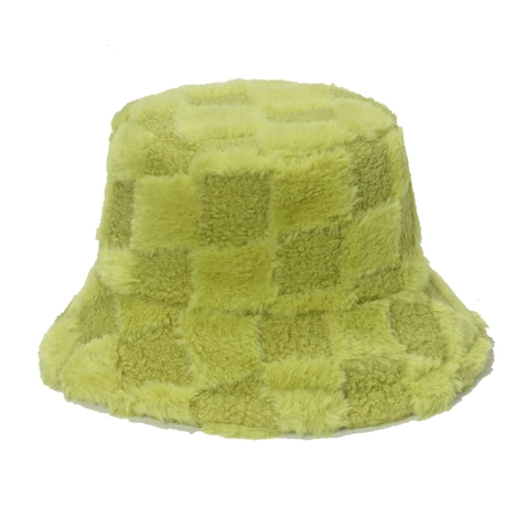 Checkerboard Faux Fur Bucket Hat Warm Plush Winter Fisherman Cap For Women Fashion Windproof Soft