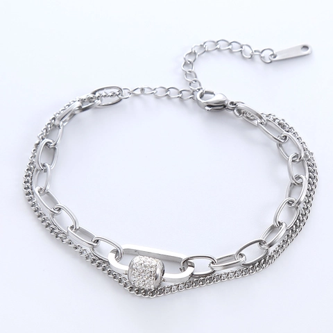 Women Double Layer Chain Bracelet 316L Stainless Steel With Pave Zircon Cylindrical Bead Adjustable Minimalist Jewelry