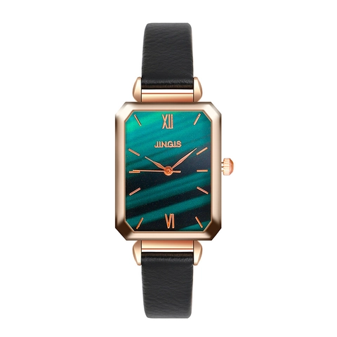 Elegant Women Quartz Watch Alloy Rose Gold Case Rectangular Dial Black Leather Strap Roman Numerals Vintage Wristwatch