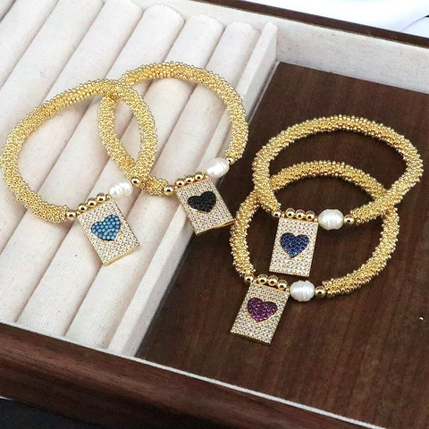 Bracciale Di Perline Vintage Per Donna Con Pendente A Cuore Croce In Rame Zircone E Perla Artificial Barocca Gioielli Elastici