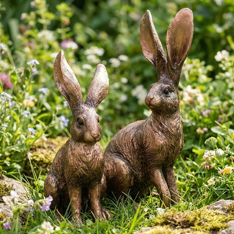 Realistic Rabbit Hare Statue Resin Garden Ornament Antique Bronze Texture Outdoor Home Decor Sculptures