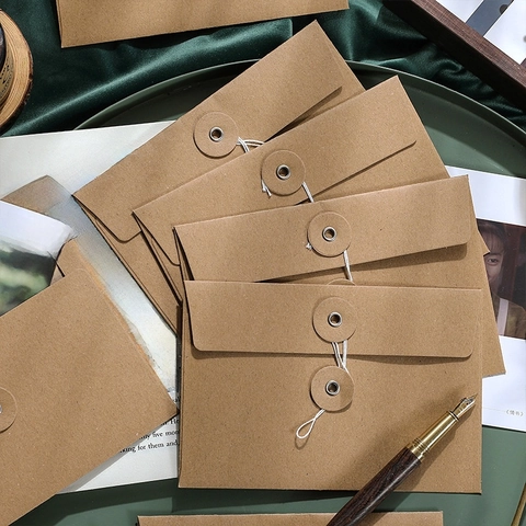 Retro Kraft Paper Envelopes With String And Button Tie Closure Vintage Stationery Storage Bags For Postcards Office Supplies