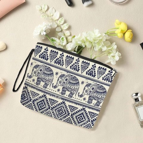 Borsa Da Trucco Con Stampa Elefante Geometrico Lino Fine Stile Boho Beauty Case Da Viaggio Con Cinturino Da Polso Donna