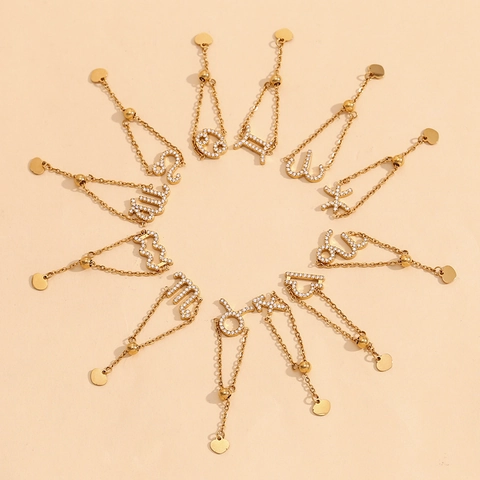 Edelstahl 18K Vergoldet Verstellbar Kette Ring Für Damen Zwölf Sternbilder Strass Eingelegt Tierkreis Schmuck Geschenk