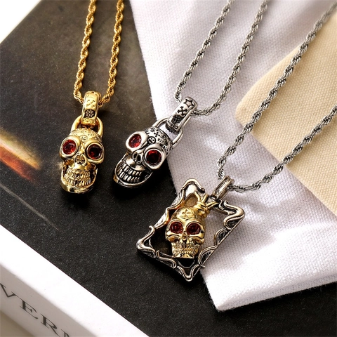 Collana Con Ciondolo Teschio Croce Rame Micro Pavè Strass Hip Hop Gothic Punk Gioielli Per Uomo Donna
