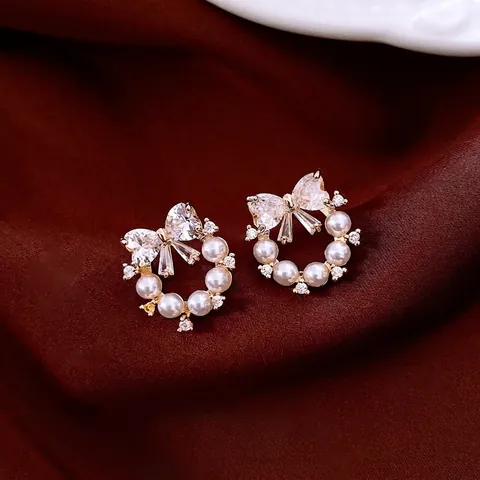 Orecchini A Lobo Con Künstliche Perle E Fiocco Con Zirconi E Perno In Argento Gioielli Eleganti In Stile Francese Per Donna
