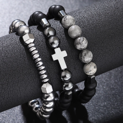 Beaded Bracelets Hematite Map Stone Matte Beads Cross Pendant Retro Masculine Elastic Jewelry