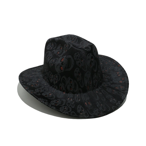 Skull Leopard Print Cowboy Hat Polyester Gothic Halloween Fedora Wide Brim Jazz Cap Red Glitter Eyes Unisex