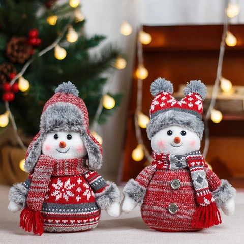 Christmas Snowman Plush Doll Knitted Ornament Red Grey Snowflake Pattern Trapper Hat Holiday Desktop Decor