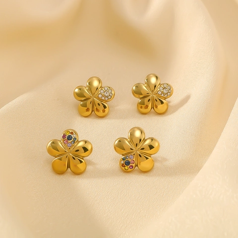 Flower Stud Earrings Stainless Steel 18K Gold Plated Zircon Rhinestone Five Petal Design Elegant Fashion Jewelry For Women