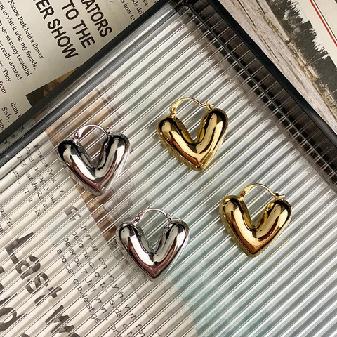 Pendientes De Aro Corazón Hinchado Minimalistas Latón Hueco Voluminoso Chapado Oro Plata Joyería De Moda Mujer