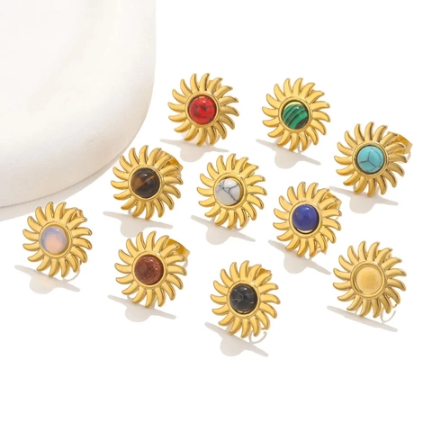 Sunburst Sunflower Stud Earrings Stainless Steel With Natural Stone Inlaid Gold Plated Retro Ethnic Style For Women Men