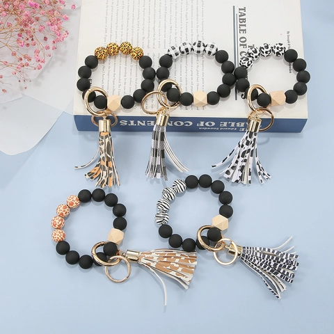 Black Matte Silicone Wood Bead Wristlet Keychain With Leather Tassel Animal Leopard Snake Pattern Fashion Bracelet Key Ring