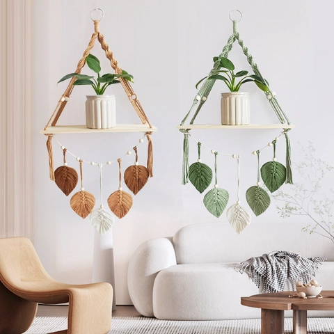 Macrame Wandbehang Regal Handgefertigte Baumwollseil Tapisserie Mit Holzbrett Blattfransen Nordisches Boho Dekor