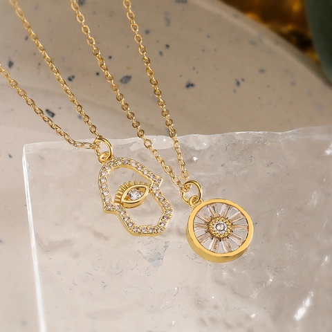 Hamsa Hand Böser Blick Anhänger Halskette Kupfer 18K Vergoldet Mit Zirkonia Trendige Schlüsselbeinkette Für Damen