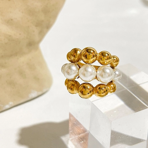 Anello Statement In Acciaio Inossidabile Placcato Oro 18K Fascia Larga Multistrato Con Perla Artificial Di Imitazione Bianca Donna