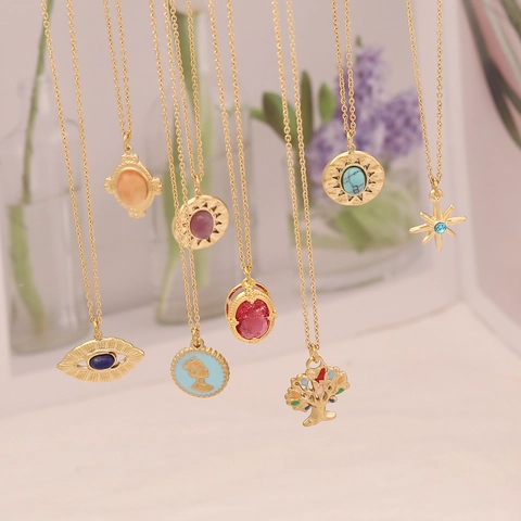 Pendant Necklace Stainless Steel Natural Stone Gold Plated Vintage Retro Evil Eye Tree Of Life Jewelry For Women