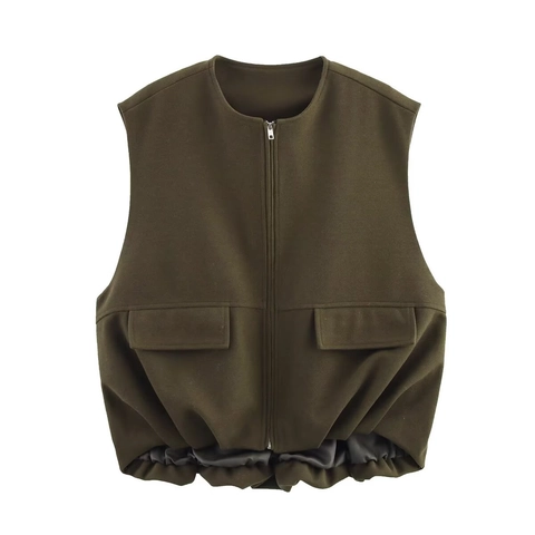 Women Sleeveless Vest Jacket Zip Up Solid Color Loose Fit Elastic Hem Dual Pockets Polyester Retro Outerwear