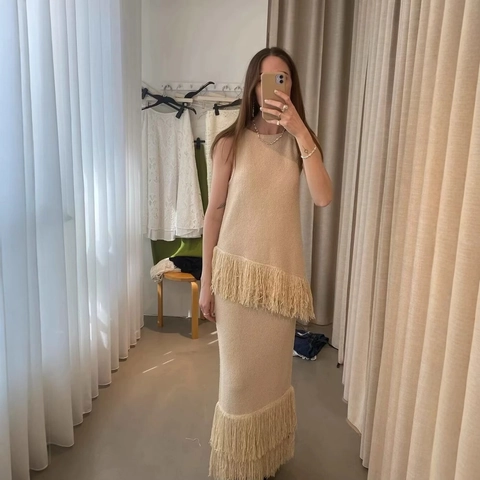 Damen Strick Ärmelloses Oberteil Und Langer Rock Mit Fransen Quasten Saum Boho Stil Beige