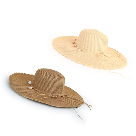 Sombrero De Sol De Paja Para Mujer Ala Ancha Borde Ondulado Decoración De Concha Playa Vacaciones Verano Papel Trenzado Transpirable