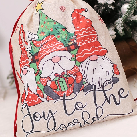 Bolsa de Regalo de Navidad Grande de Arpillera Con Cordón Gnomo Dibujos Animados Borde Cuadros Para Dulces Juguetes Decoración Navideña