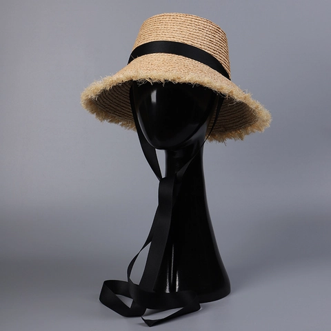 Chapeau De Paille En Raphia Pour Femmes Style Japonais Long Ruban Noir Bord Effiloché Toit Plat Large Bord Chapeau De Plage