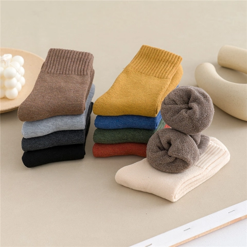 Women Crew Socks Thickened Cotton Warm Terry Loop Solid Color Ribbed Retro Winter Casual Thermal