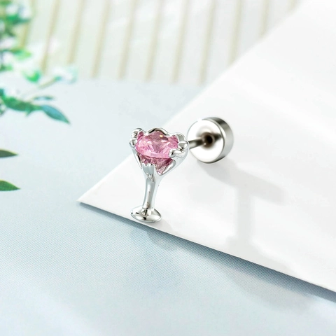 Titanium Steel Copper Pink Heart Zircon Goblet Cartilage Piercing Earring Stud Martini Glass Shape Screw Back Jewelry