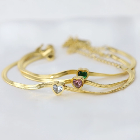 Fashion Gold Plated Stainless Steel Snake Chain Bracelet With Rhinestone Heart Pendant Elegant Heart Jewelry For Women