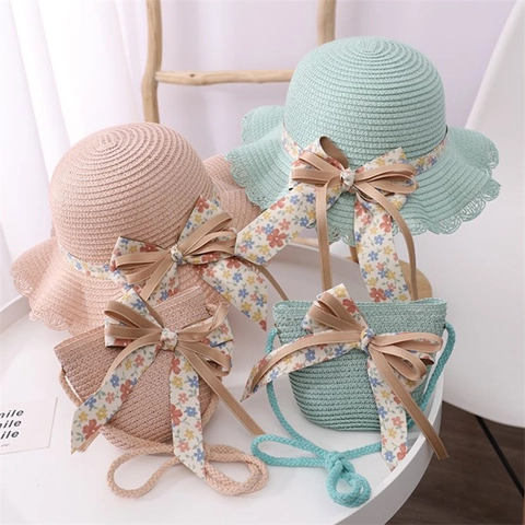 Kids Girls Summer Straw Hat And Straw Bag Floral Bow Sun Hat Beach Handbag Paper Straw Princess Style