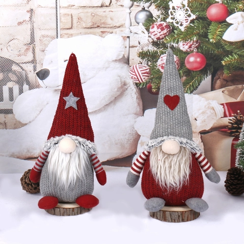 Christmas Gnome Doll Knitted Plush Figurine Wood Base Long Beard Desktop Window Ornament Holiday Home Decor