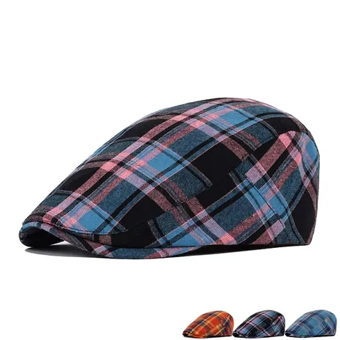 Retro Plaid Cotton Flat Cap Adjustable British Ivy Style Hat For Men Women Outdoor Casual Sunscreen Breathable