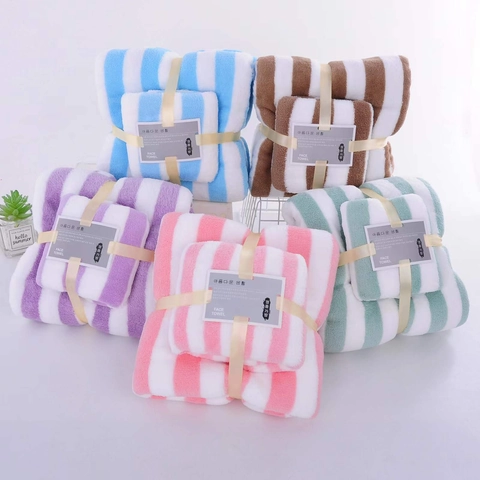 Striped Coral Fleece Bath Towel And Face Towel Absorbent Quick Dry Super Soft Bathroom Gift