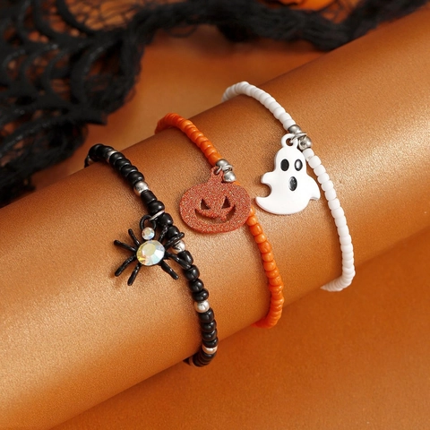 Halloween Beaded Bracelets Plastic Resin Beads Alloy Spider Ghost Pumpkin Pendants Gothic Funny Party Jewelry Women