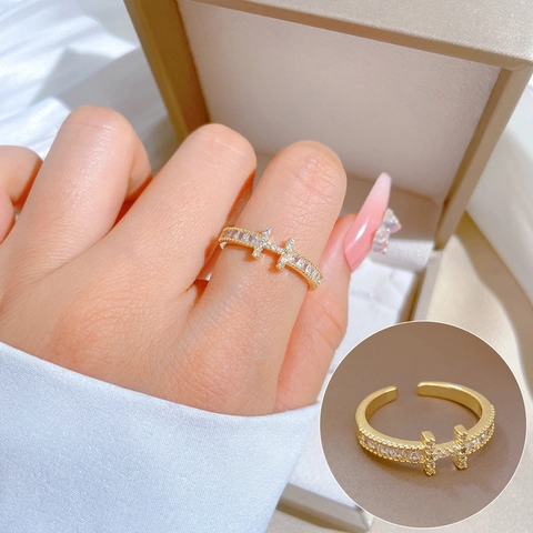 Gold Plated Messing H-Form Offener Ring Mit Zirkonia Eingelegt Minimalistisch Eleganter Schmuck Geschenk Für Frauen