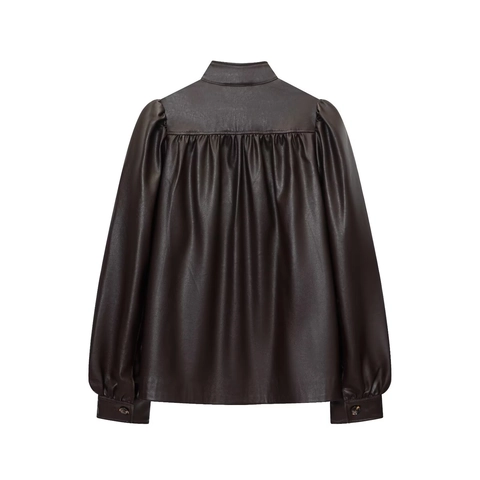 Veste En Similicuir Pour Femmes Col Montant Manches Lanternes Vintage Boutonnage Simple Couleur Unie Chic Automne