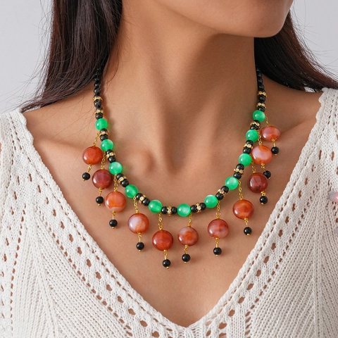 Ethnic Beaded Tassel Necklace Resin Glass Copper Rhinestone Bohemian Vintage Jewelry For Women