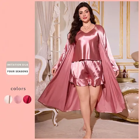 Women Plus Size Loungewear Robe Camisole And Shorts Satin Imitation Satin V Neck Sleepwear Loose Casual