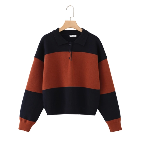 Maglione In Maglia Polo A Righe Da Donna Manica Lunga Color Block Casual Con Bottoni Top